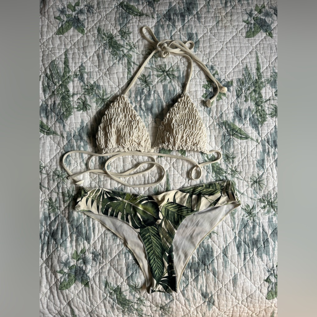 Tori Praver Rip Curl Bikini Set Xs S White Palm Monstera Green Ruch Ripple